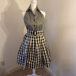 Vintage gold+black checkered halter cocktail dress